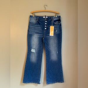 Risen flare distressed jeans denim button fly stretch cropped ankle 1x